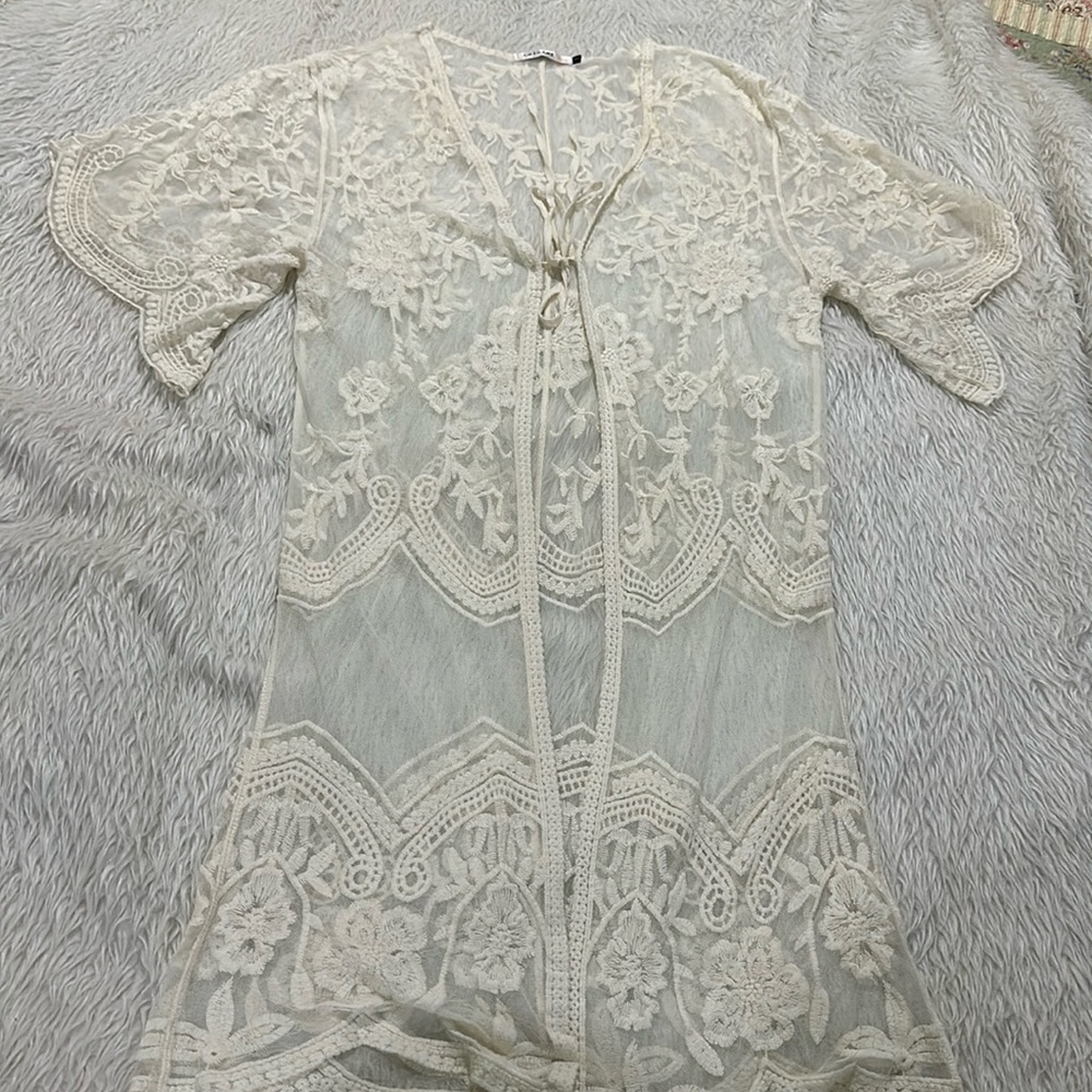 Origami by vivien cream embroidered lace swim suit coverup top dress
